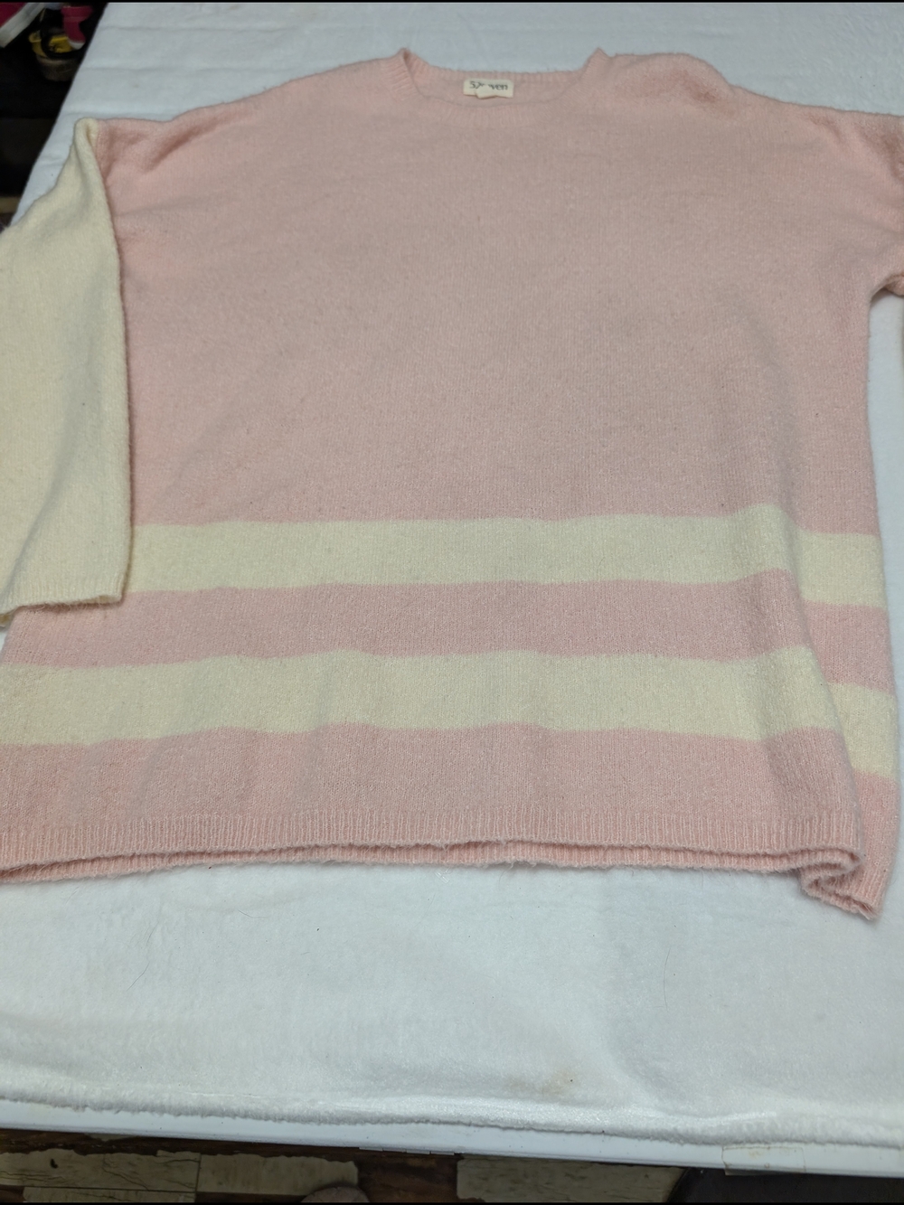 Seven7 Pink and Cream Striped Crewneck Sweater Size Large - Picture 3 of 4